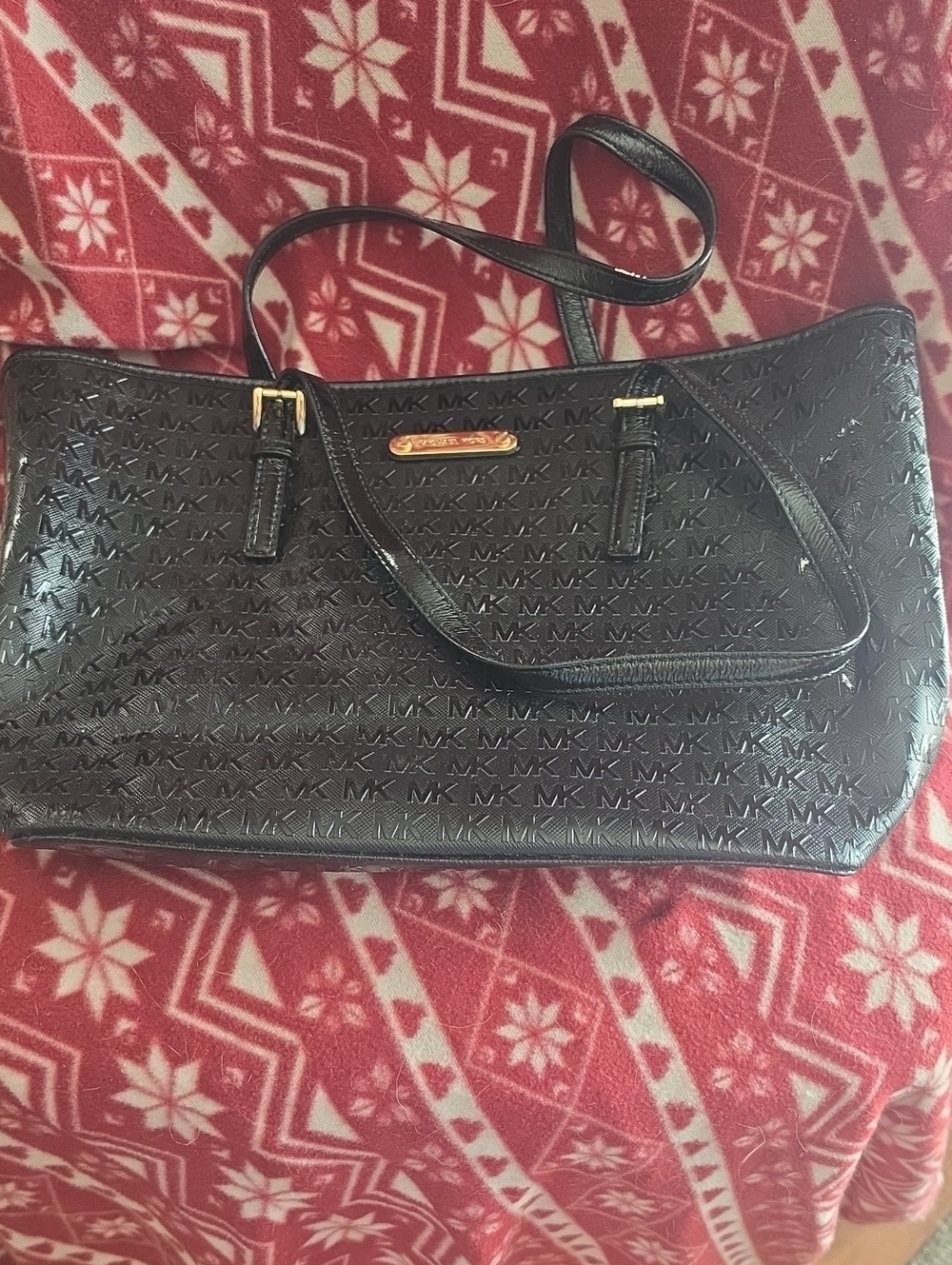 Michael Kors Black Embossed MK Logo Tote with Gold Accents